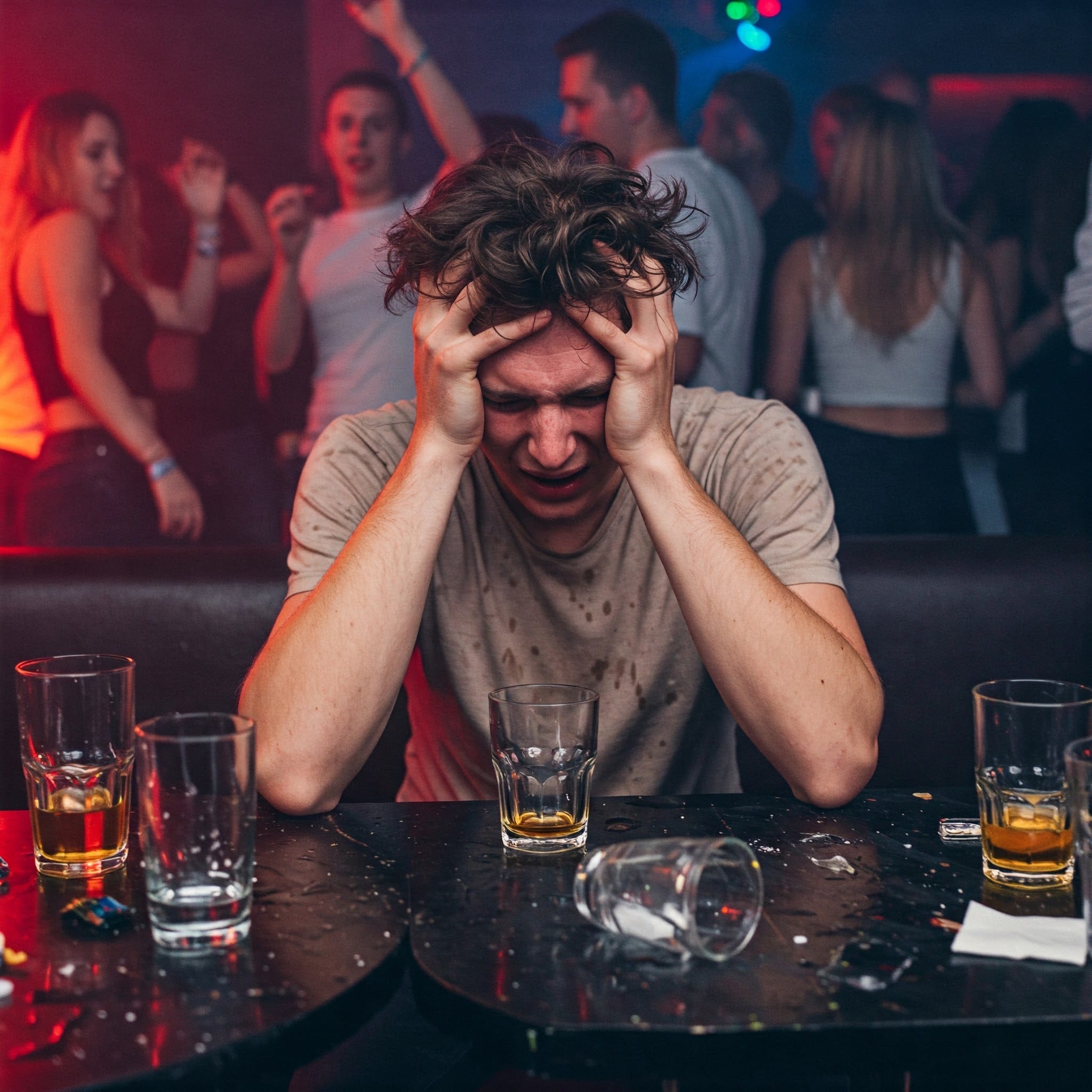A man suffering from a hangover, holding his head in his hands while sitting at a club table. Several empty glasses and bottles are scattered around him. The club's lights and dancing people are blurred in the background.