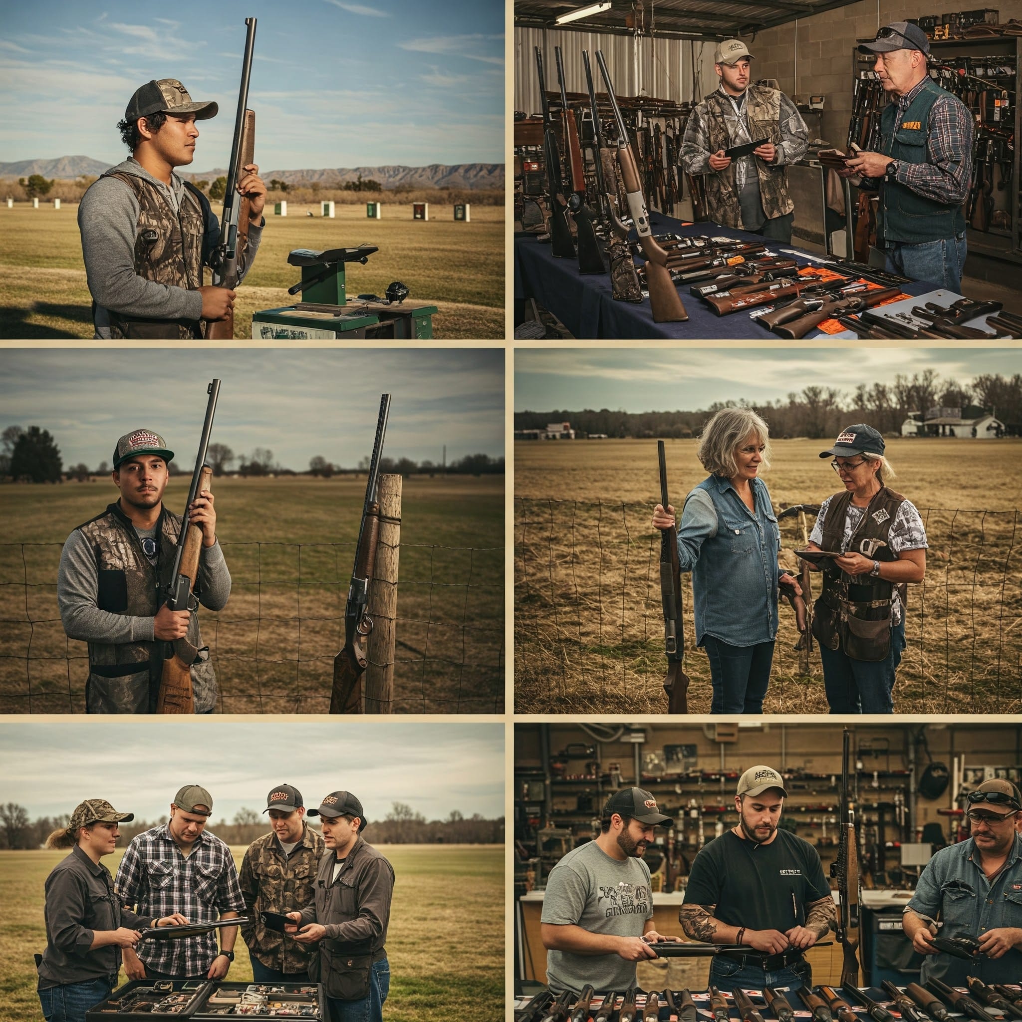 A collage of six photos illustrating aspects of American gun culture, including recreational shooting, firearm retail, and discussions around firearms.