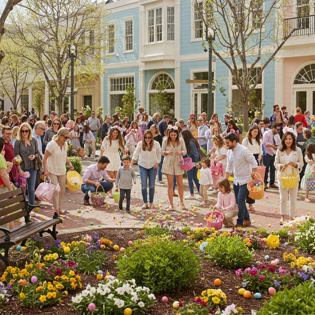 A large crowd of people participating in an Easter egg hunt.