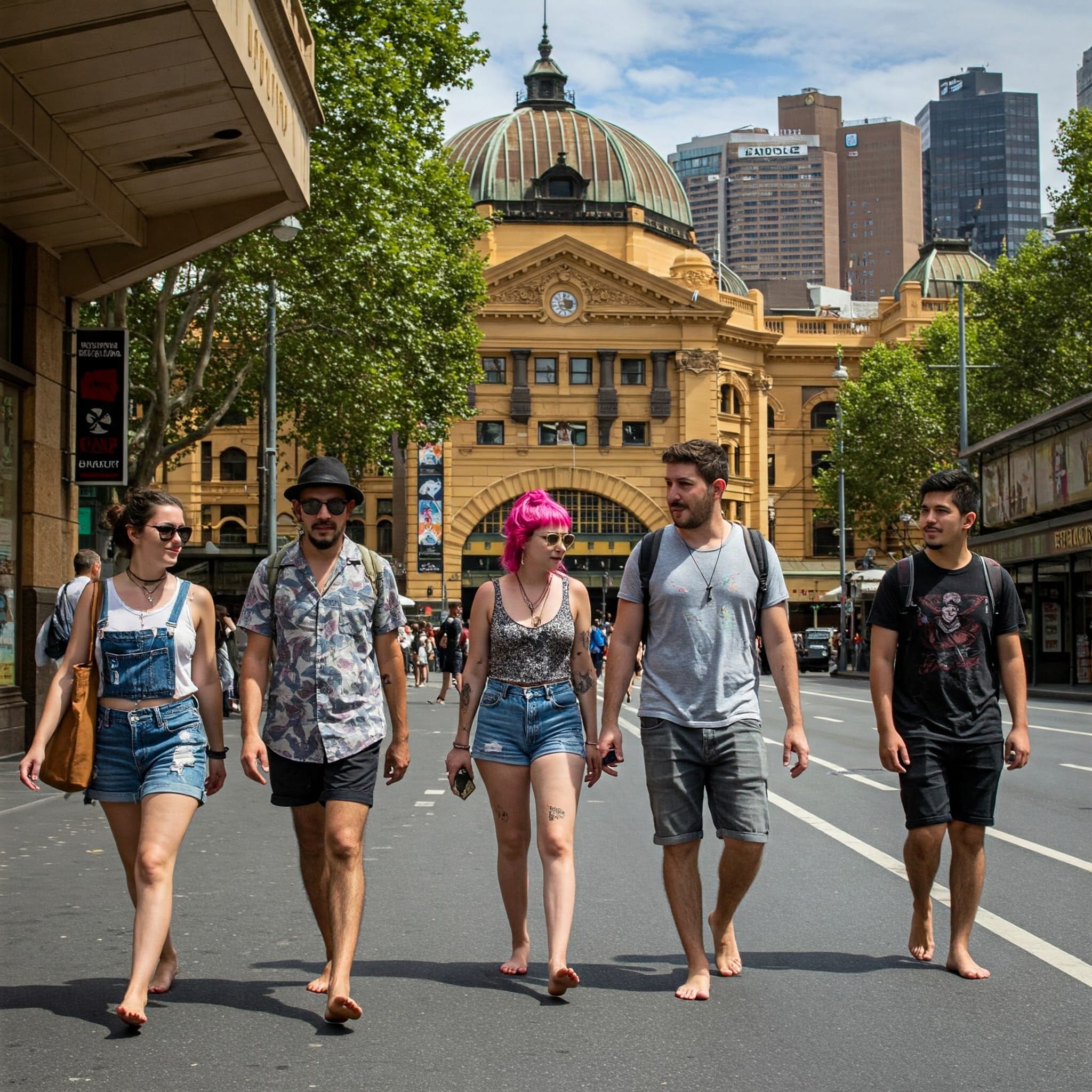 Five young adults, barefoot and casually dressed, walk along a Melbourne street with Flinders Street Station as a backdrop.
