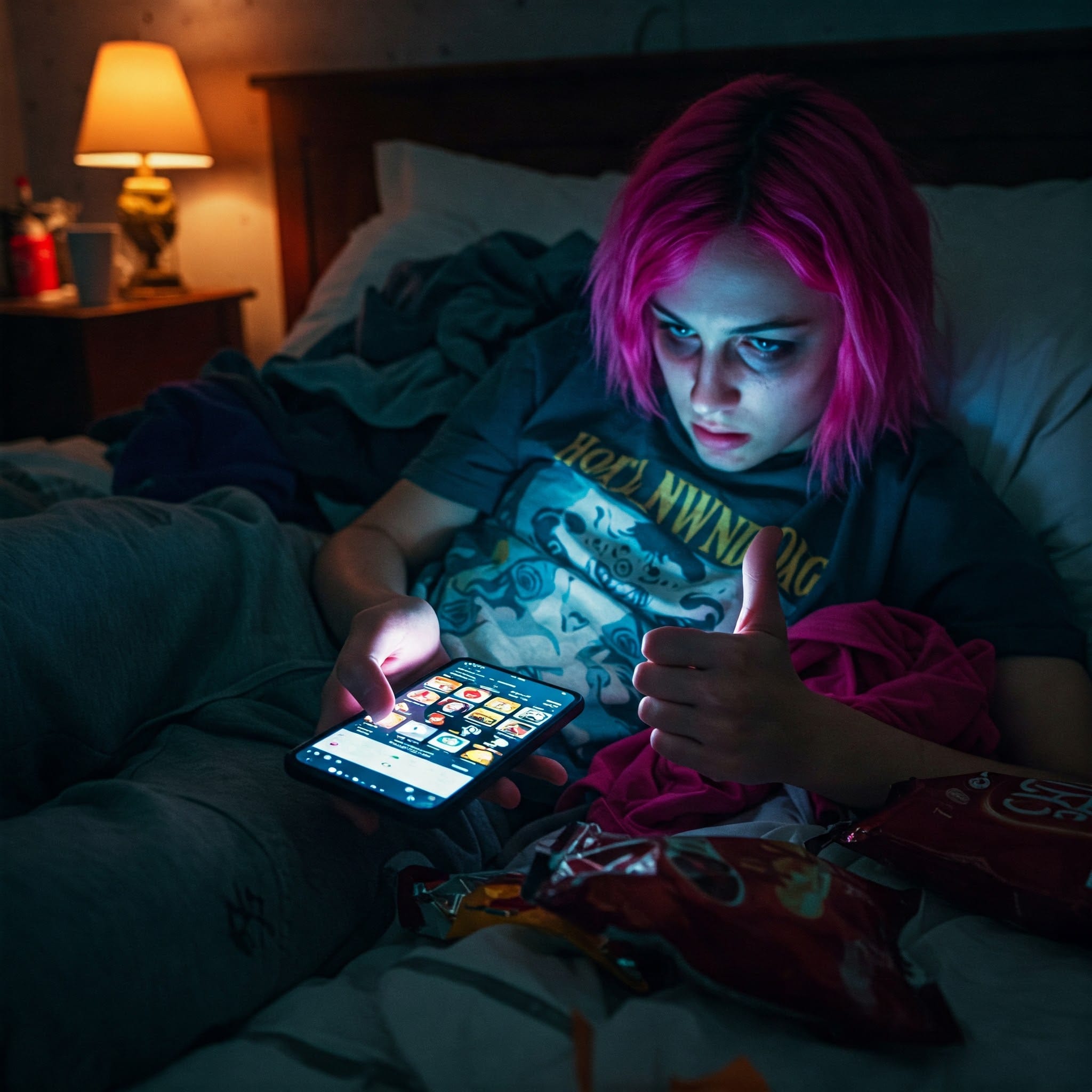 A person with bright pink hair looking intensely at a smartphone while lying in bed, giving a thumbs up.