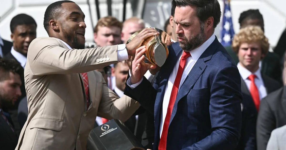 JD Vance accidentally drops Ohio State football championship trophy during White House event